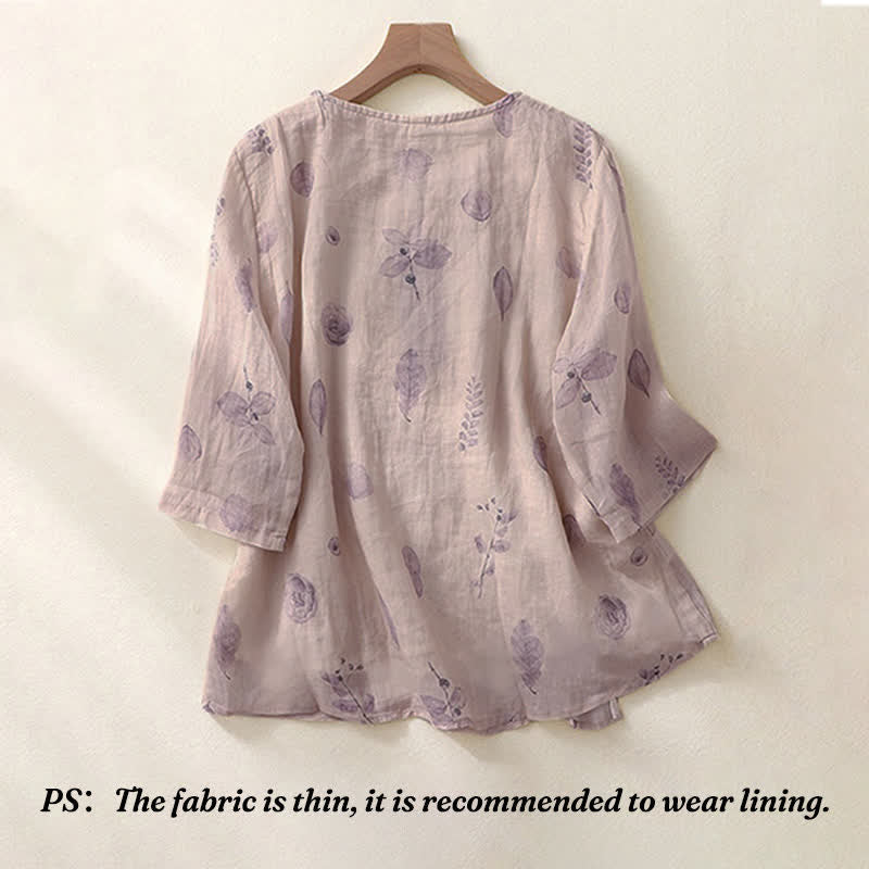 Buddha Stones Embroidery Design Leaves Women's Cotton Linen Three Quarter Sleeve Shirt - image 1