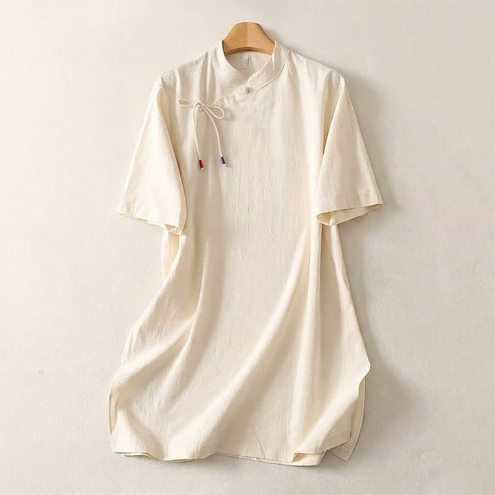 Buddha Stones Summer Casual Tang Style Mandarin Collar Solid Women's Short Sleeve Dresses - Linen - US14, UK/AU18, EU46 (2XL) - image 0