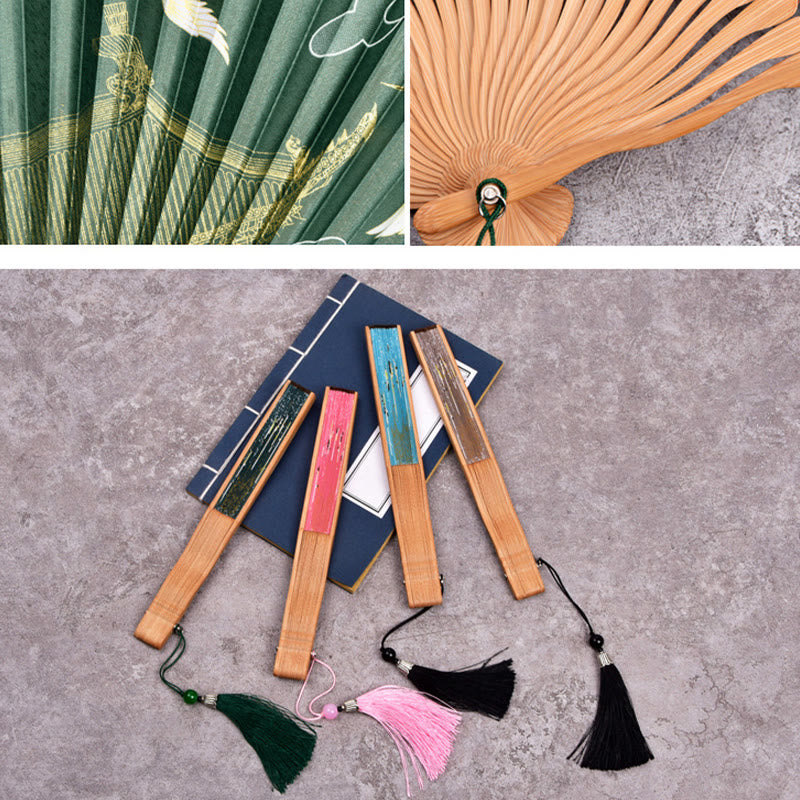 Buddha Stones Vintage Cloud Crane Pattern Handheld Bamboo Folding Fan - image 2