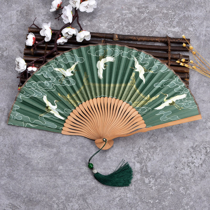 Buddha Stones Vintage Cloud Crane Pattern Handheld Bamboo Folding Fan - Dark Green - image 1