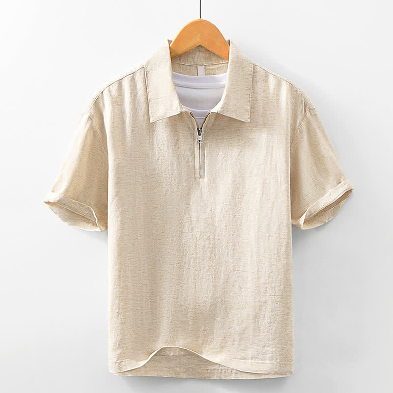 Buddha Stones Summer Casual Minimalist Quarter Zip Solid Men's Short Sleeve Shirts - Wheat - US/UK/AU42，EU52 (3XL) - image 0
