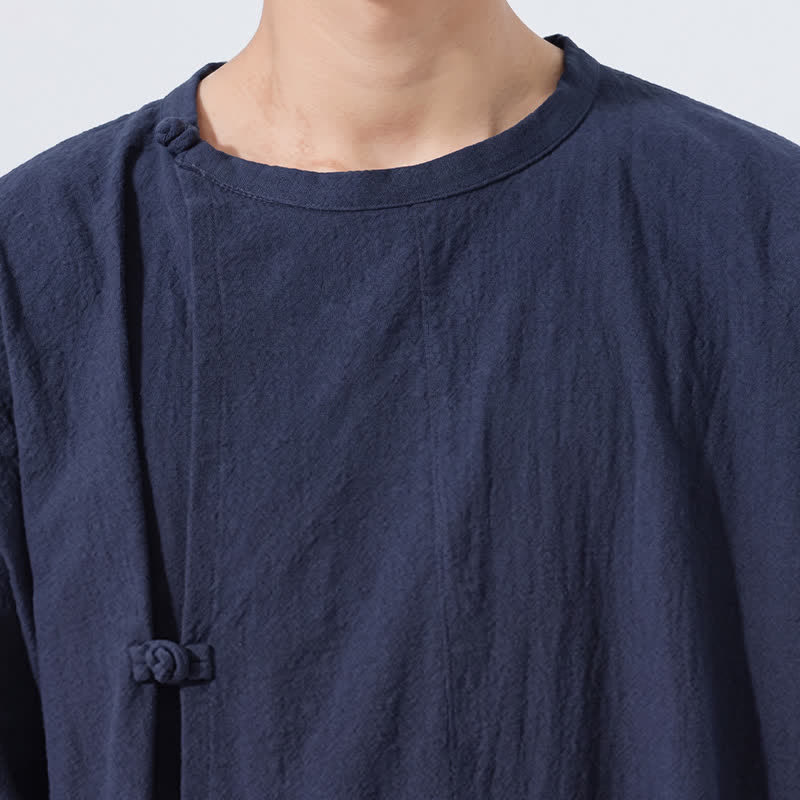 Buddha Stones Summer Tang Style Minimalist Frog Button Solid Cotton Men's Short Sleeve Shirts - image 14