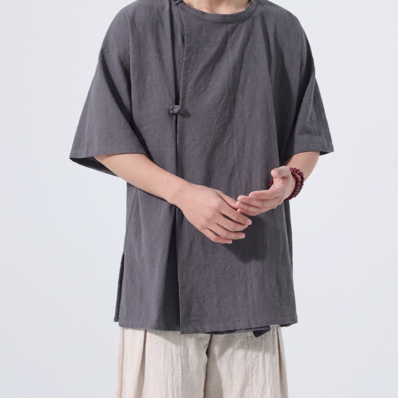 Buddha Stones Summer Tang Style Minimalist Frog Button Solid Cotton Men's Short Sleeve Shirts - image 4