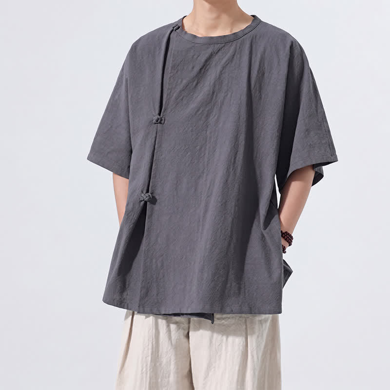 Buddha Stones Summer Tang Style Minimalist Frog Button Solid Cotton Men's Short Sleeve Shirts - image 5