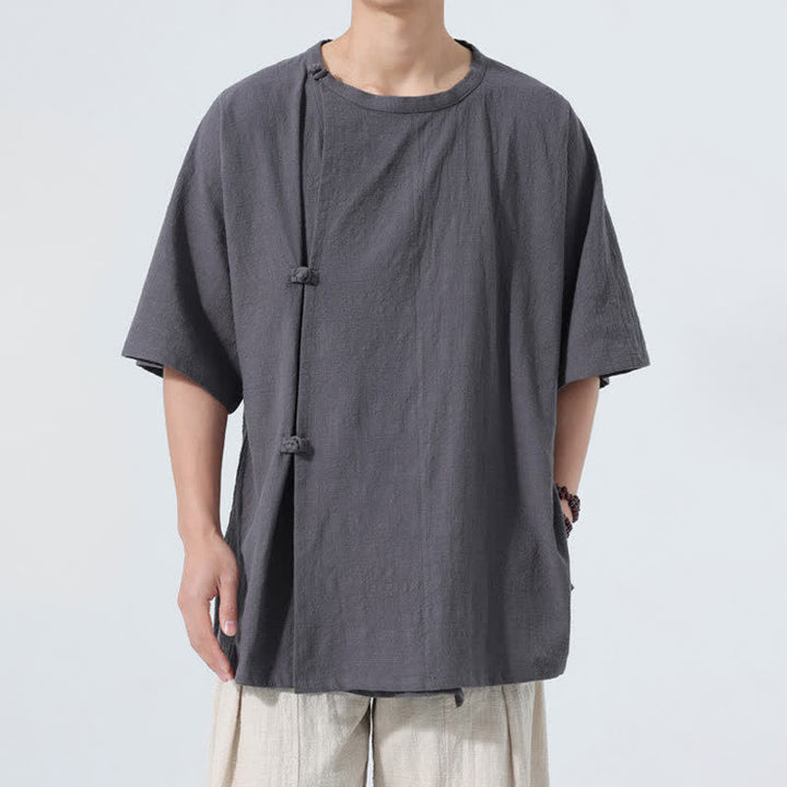 Buddha Stones Summer Tang Style Minimalist Frog Button Solid Cotton Men's Short Sleeve Shirts - DimGray - US/UK/AU46，EU56 (5XL) - image 0