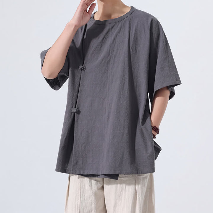 Buddha Stones Summer Tang Style Minimalist Frog Button Solid Cotton Men's Short Sleeve Shirts - image 6