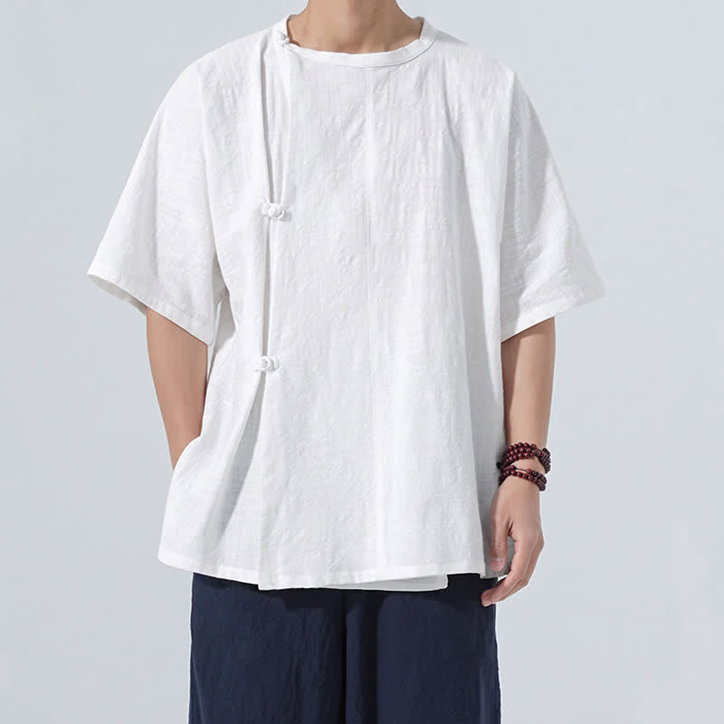 Buddha Stones Summer Tang Style Minimalist Frog Button Solid Cotton Men's Short Sleeve Shirts - image 19