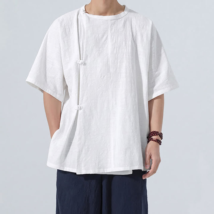 Buddha Stones Summer Tang Style Minimalist Frog Button Solid Cotton Men's Short Sleeve Shirts - image 19