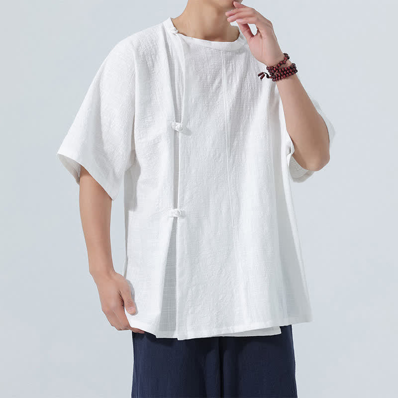 Buddha Stones Summer Tang Style Minimalist Frog Button Solid Cotton Men's Short Sleeve Shirts - image 21