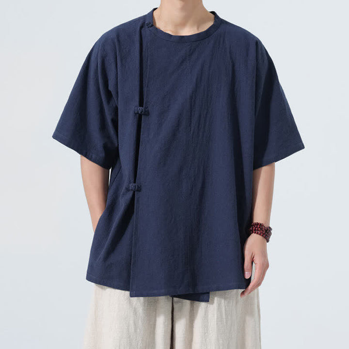 Buddha Stones Summer Tang Style Minimalist Frog Button Solid Cotton Men's Short Sleeve Shirts - MidnightBlue - US/UK/AU46，EU56 (5XL) - image 7