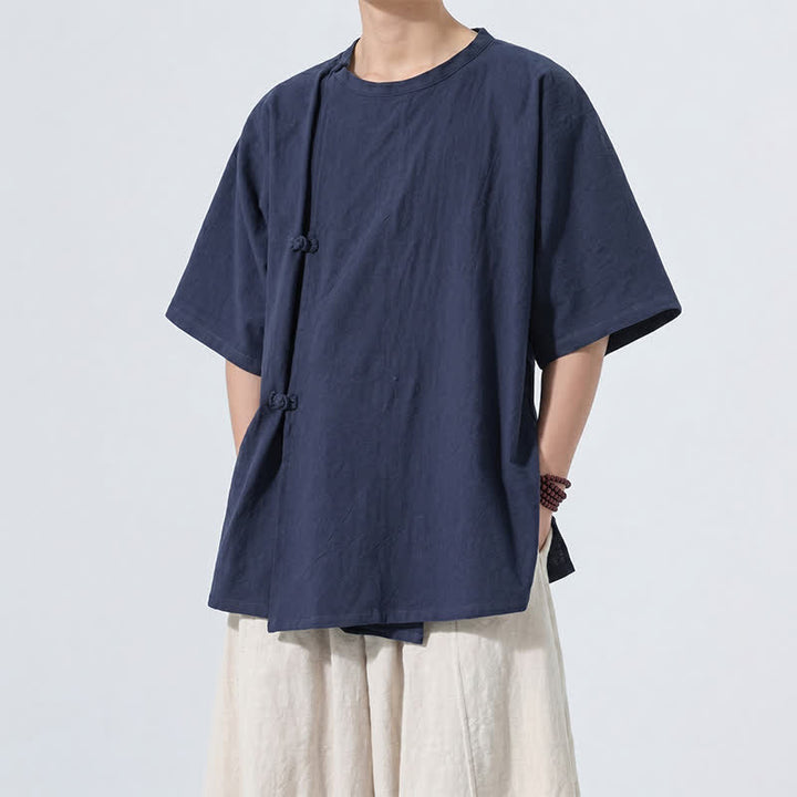 Buddha Stones Summer Tang Style Minimalist Frog Button Solid Cotton Men's Short Sleeve Shirts - image 11