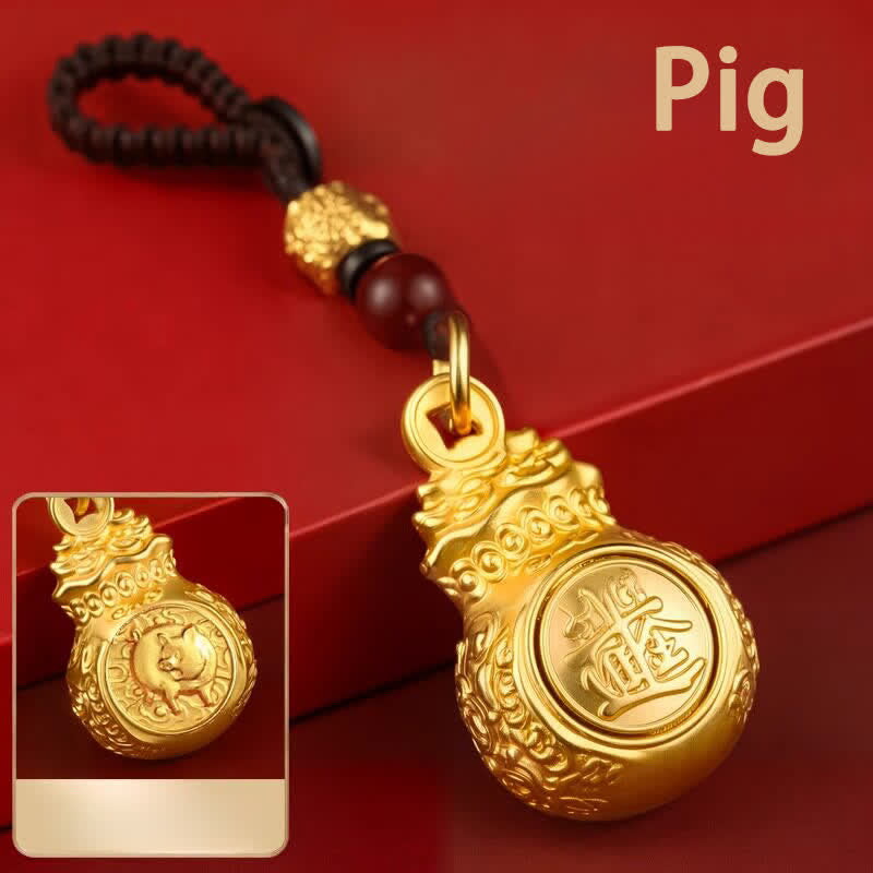 Buddha Stones "Make A Fortune Every Day" Golden Tone Copper Chinese Zodiac Fortune Money Bag Coins Keychains - Pig - image 28