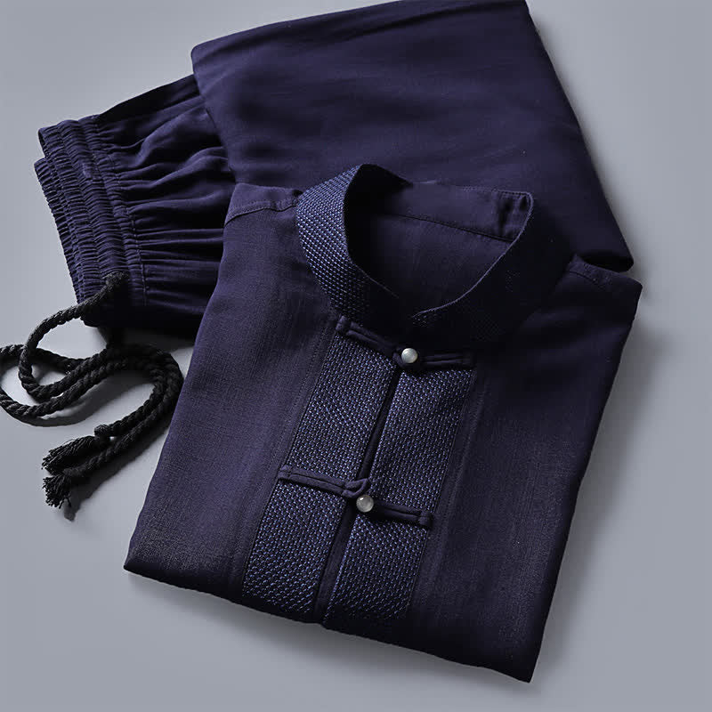 Buddha Stones 2Pcs Spring Tang Style Mandarin Collar Frog Button Solid Long Sleeve Shirt Pants Men's Meditation Cloth With Pockets - image 16