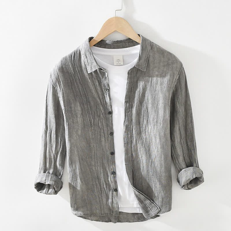 Buddha Stones Spring Casual Button-Up Solid Linen Men's Long Sleeve Shirts - Gray - US/UK/AU42，EU52 (3XL) - image 0