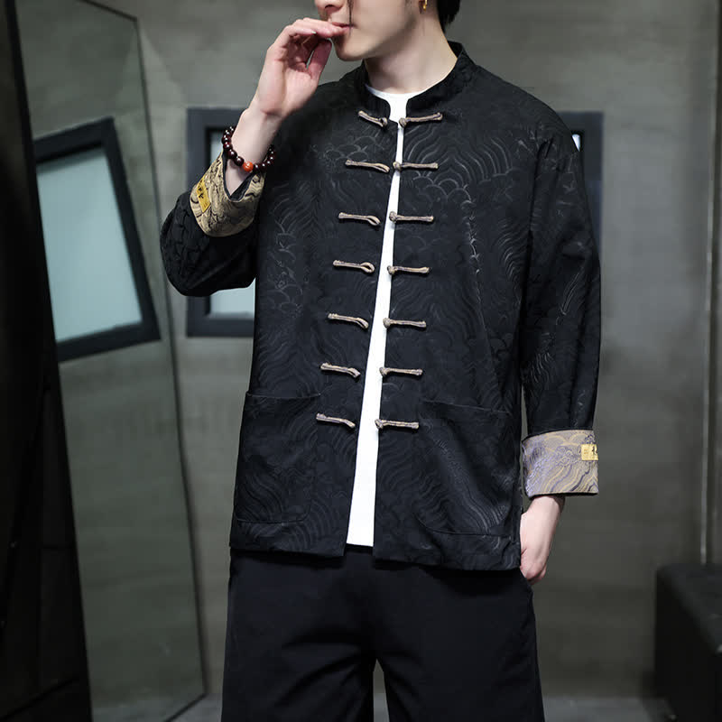Buddha Stones Fall Winter Tang Style Elegant Mandarin Collar Abstract Wave Pattern Frog Button Men's Jacket With Pockets - image 16