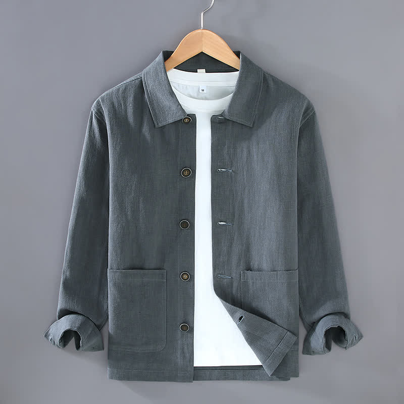 Buddha Stones Fall Casual Minimalist Solid Buttons Ramie Men's Jacket With Pockets - SlateGray - US/UK/AU42，EU52 (3XL) - image 2