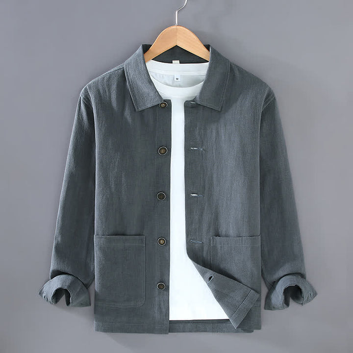 Buddha Stones Fall Casual Minimalist Solid Buttons Ramie Men's Jacket With Pockets - SlateGray - US/UK/AU42，EU52 (3XL) - image 2