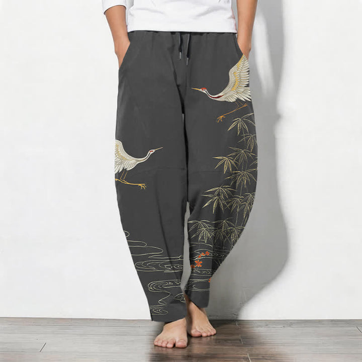 Buddha Stones Pure Cotton Crane Bamboo Wave Pattern Drawstring Men's Tapered Pants With Pockets - DimGray - US/UK/AU50，EU60 (5XL) - image 0