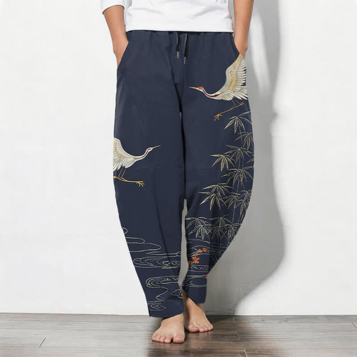 Buddha Stones Pure Cotton Crane Bamboo Wave Pattern Drawstring Men's Tapered Pants With Pockets - SteelBlue - US/UK/AU50，EU60 (5XL) - image 7