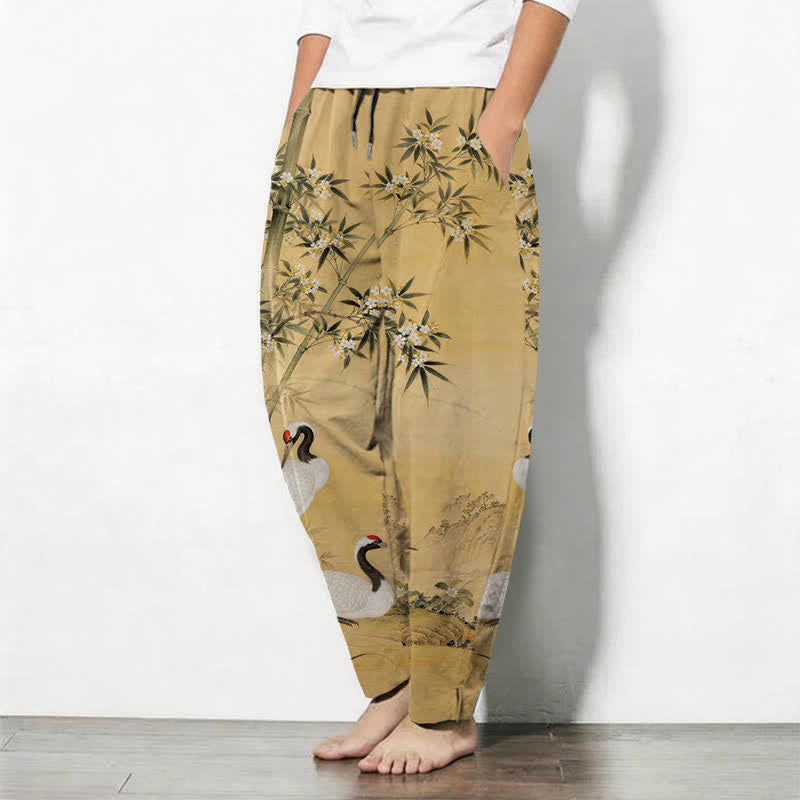 Buddha Stones Pure Cotton Crane Bamboo Landscape Pattern Drawstring Men's Tapered Pants With Pockets - image 1