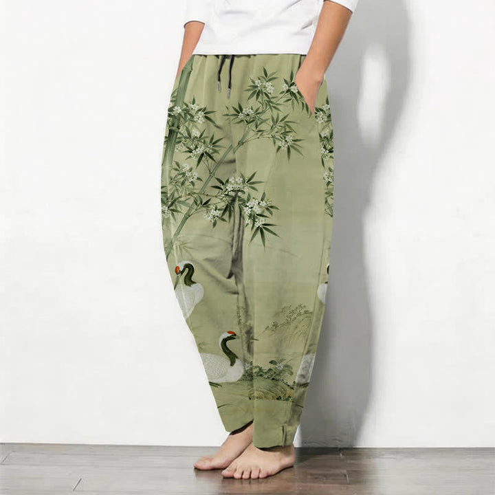 Buddha Stones Pure Cotton Crane Bamboo Landscape Pattern Drawstring Men's Tapered Pants With Pockets - image 12