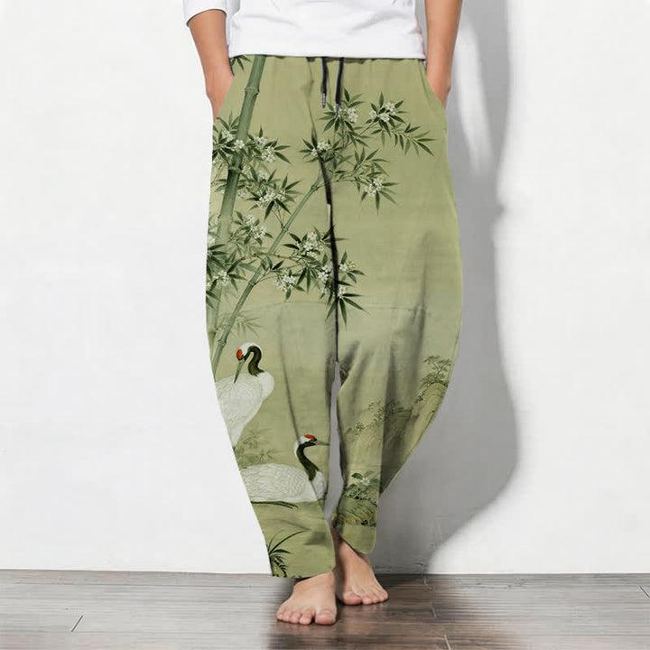 Buddha Stones Pure Cotton Crane Bamboo Landscape Pattern Drawstring Men's Tapered Pants With Pockets - YellowGreen - US/UK/AU50，EU60 (5XL) - image 11
