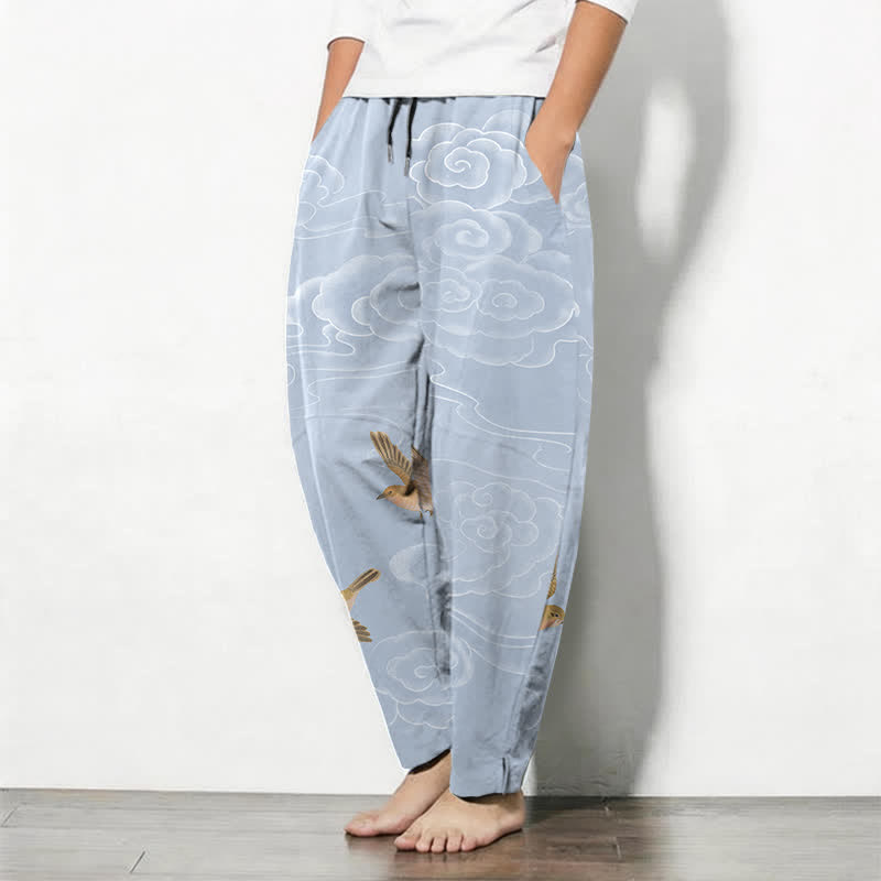 Buddha Stones Pure Cotton Auspicious Cloud Bird Pattern Drawstring Men's Tapered Pants With Pockets - image 8