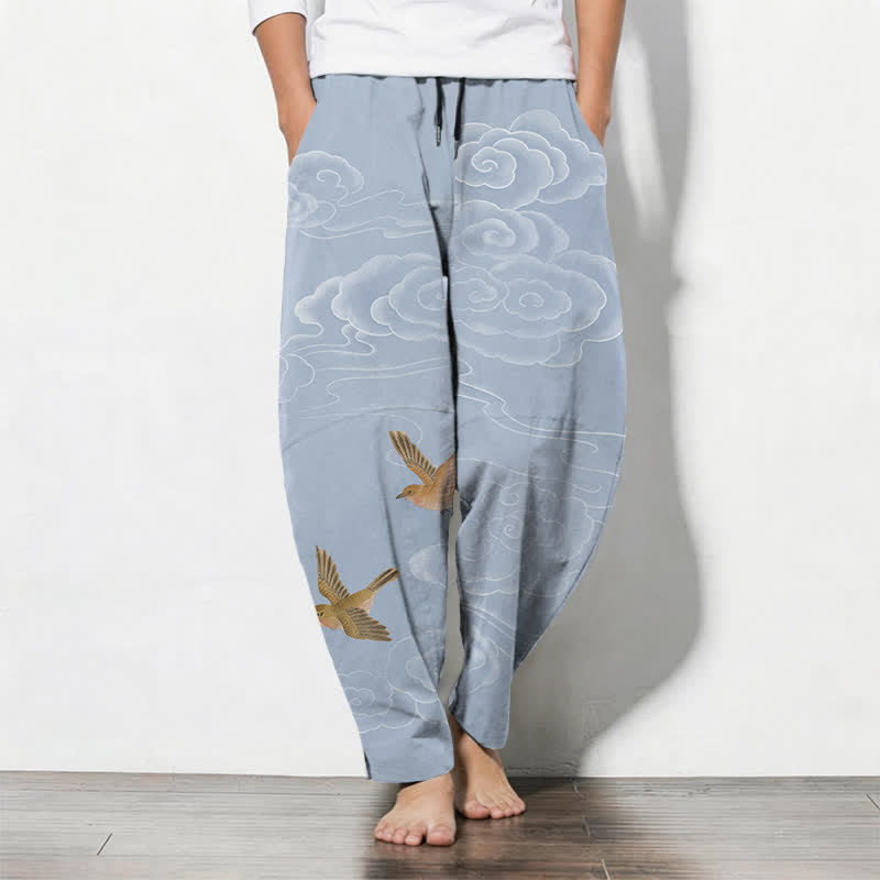 Buddha Stones Pure Cotton Auspicious Cloud Bird Pattern Drawstring Men's Tapered Pants With Pockets - LightBlue - US/UK/AU50，EU60 (5XL) - image 7