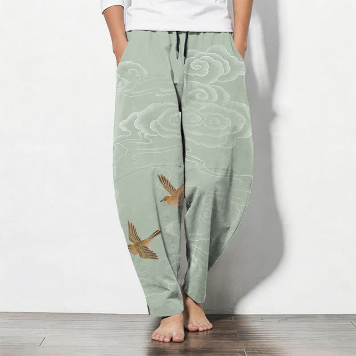 Buddha Stones Pure Cotton Auspicious Cloud Bird Pattern Drawstring Men's Tapered Pants With Pockets - DarkSeaGreen - US/UK/AU50，EU60 (5XL) - image 11
