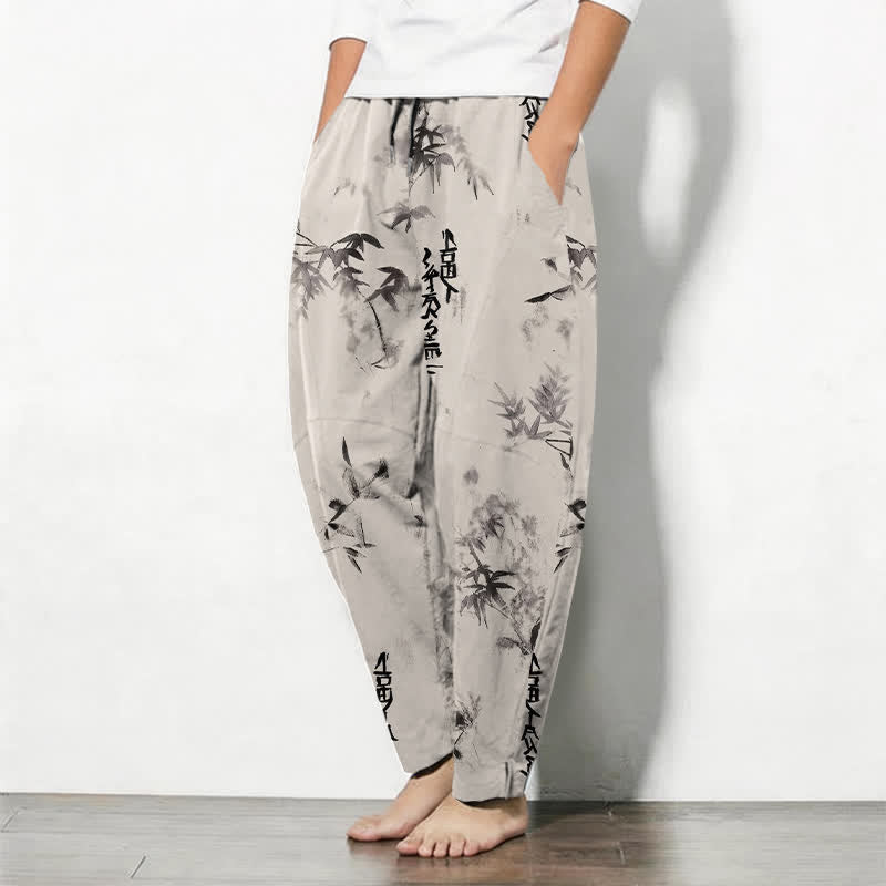 Buddha Stones Pure Cotton Ink Bamboo Calligraphy Pattern Drawstring Men's Tapered Pants With Pockets - image 1