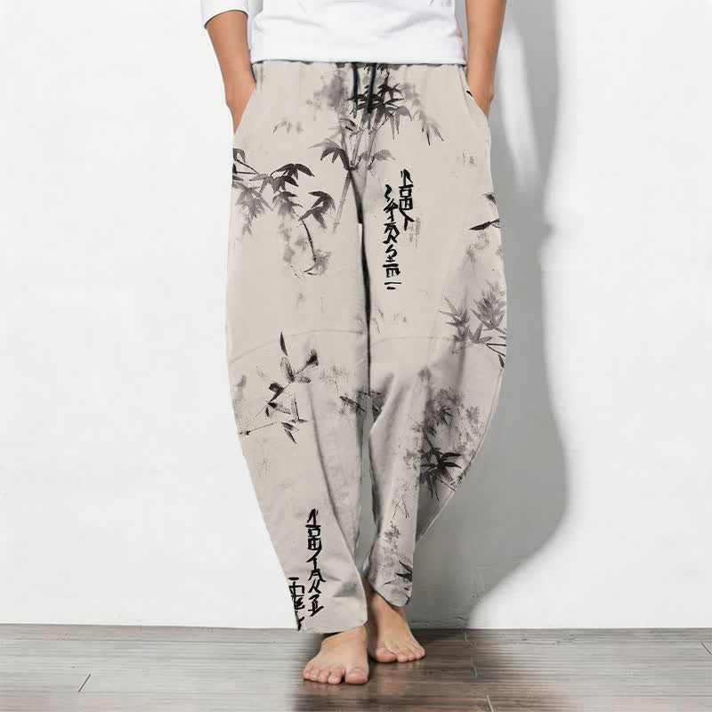 Buddha Stones Pure Cotton Ink Bamboo Calligraphy Pattern Drawstring Men's Tapered Pants With Pockets - Ivory - US/UK/AU50，EU60 (5XL) - image 0