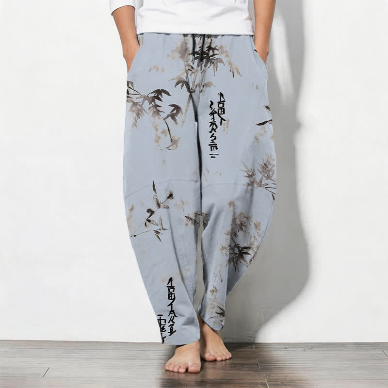 Buddha Stones Pure Cotton Ink Bamboo Calligraphy Pattern Drawstring Men's Tapered Pants With Pockets - LightBlue - US/UK/AU50，EU60 (5XL) - image 7