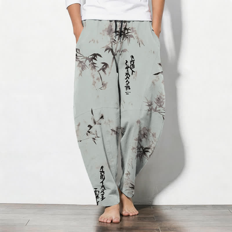 Buddha Stones Pure Cotton Ink Bamboo Calligraphy Pattern Drawstring Men's Tapered Pants With Pockets - PaleTurquoise - US/UK/AU50，EU60 (5XL) - image 11