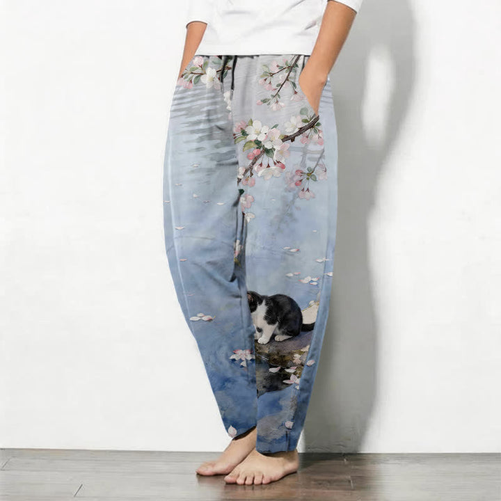 Buddha Stones Pure Cotton Sakura Cat Water Reflection Pattern Drawstring Men's Tapered Pants With Pockets - image 1