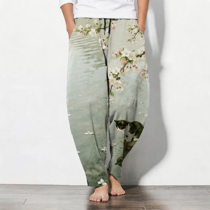Buddha Stones Pure Cotton Sakura Cat Water Reflection Pattern Drawstring Men's Tapered Pants With Pockets - DarkSeaGreen - US/UK/AU50，EU60 (5XL) - image 7