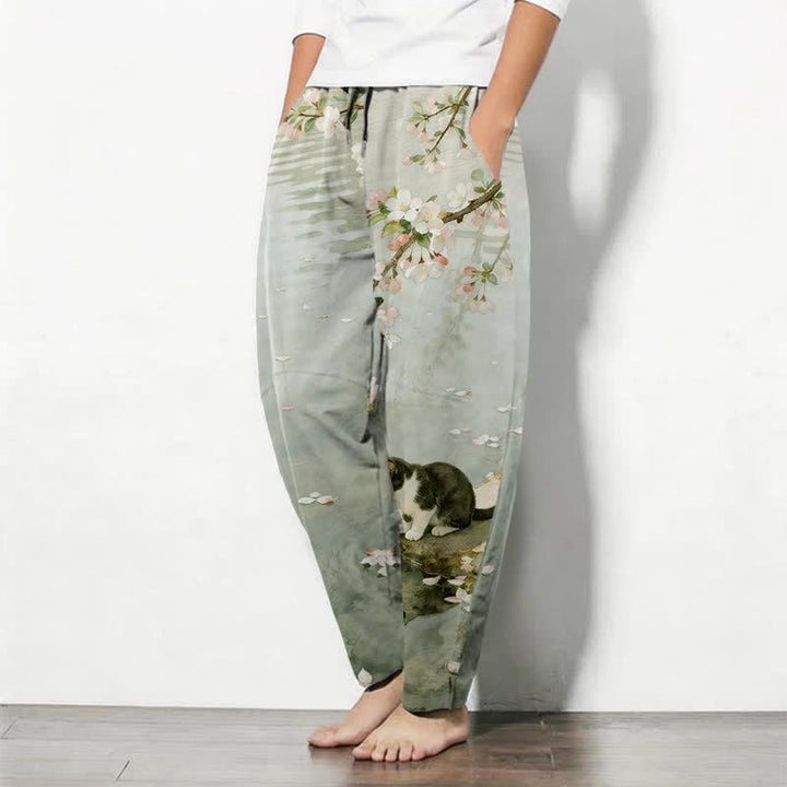 Buddha Stones Pure Cotton Sakura Cat Water Reflection Pattern Drawstring Men's Tapered Pants With Pockets - image 8