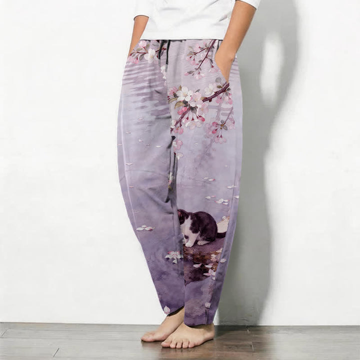 Buddha Stones Pure Cotton Sakura Cat Water Reflection Pattern Drawstring Men's Tapered Pants With Pockets - image 12