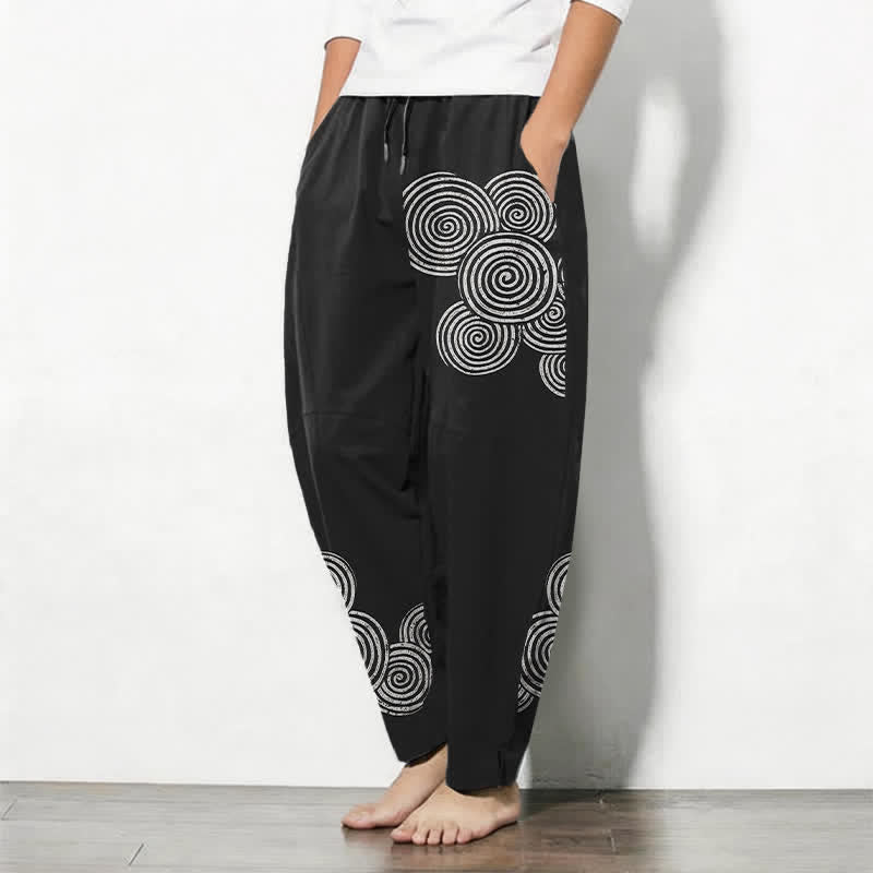 Buddha Stones Pure Cotton Concentric Spiral Pattern Drawstring Men's Tapered Pants With Pockets - image 1