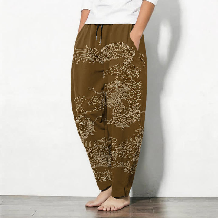 Buddha Stones Pure Cotton Imperial Dragon Pattern Drawstring Men's Tapered Pants With Pockets - image 12
