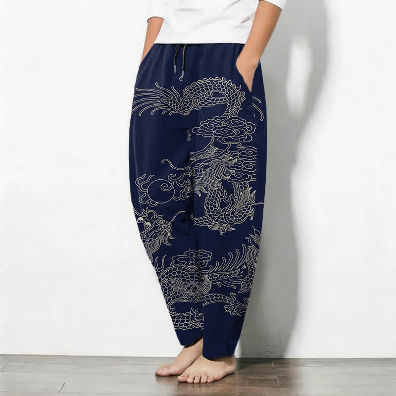 Buddha Stones Pure Cotton Imperial Dragon Pattern Drawstring Men's Tapered Pants With Pockets - image 8