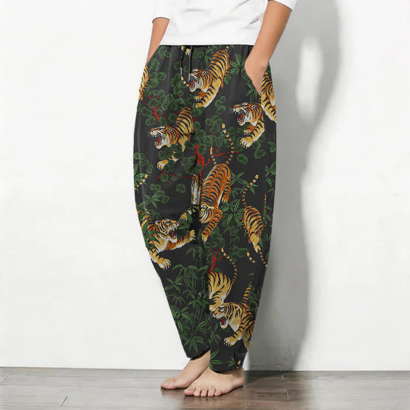 Buddha Stones Pure Cotton Tiger Bamboo Leaf Pattern Drawstring Men's Tapered Pants With Pockets - image 1