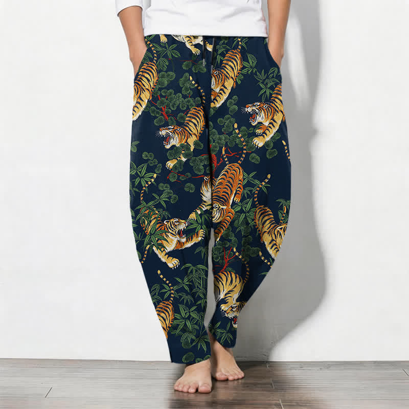 Buddha Stones Pure Cotton Tiger Bamboo Leaf Pattern Drawstring Men's Tapered Pants With Pockets - Navy - US/UK/AU50，EU60 (5XL) - image 11