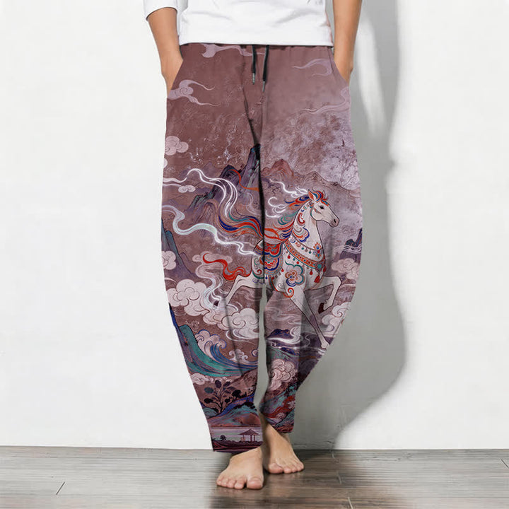 Buddha Stones Pure Cotton Running White Horse Pattern Drawstring Men's Tapered Pants With Pockets - Plum - US/UK/AU50，EU60 (5XL) - image 11