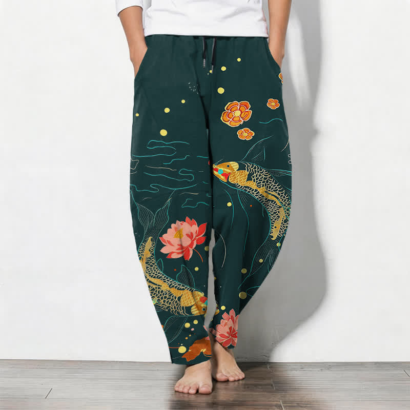 Buddha Stones Pure Cotton Golden Koi Lotus Wave Pattern Drawstring Men's Tapered Pants With Pockets - Teal - US/UK/AU50，EU60 (5XL) - image 7