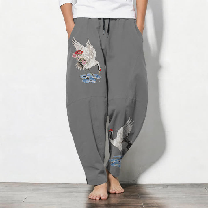 Buddha Stones Pure Cotton Red Crown Crane Pattern Drawstring Men's Tapered Pants With Pockets - Gray - US/UK/AU50，EU60 (5XL) - image 7