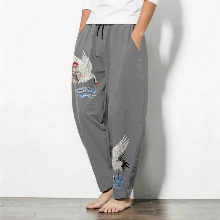 Buddha Stones Pure Cotton Red Crown Crane Pattern Drawstring Men's Tapered Pants With Pockets - image 8