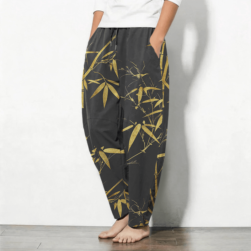 Buddha Stones Pure Cotton Golden Bamboo Pattern Drawstring Men's Tapered Pants With Pockets - image 8