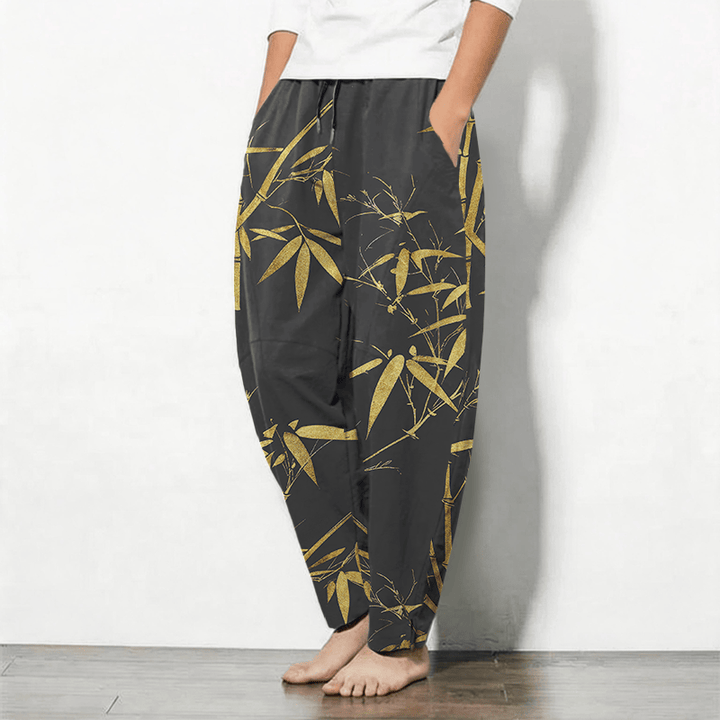 Buddha Stones Pure Cotton Golden Bamboo Pattern Drawstring Men's Tapered Pants With Pockets - image 8