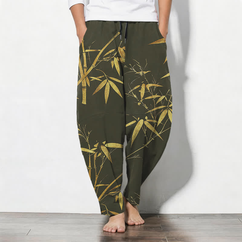Buddha Stones Pure Cotton Golden Bamboo Pattern Drawstring Men's Tapered Pants With Pockets - DarkOliveGreen - US/UK/AU50，EU60 (5XL) - image 11
