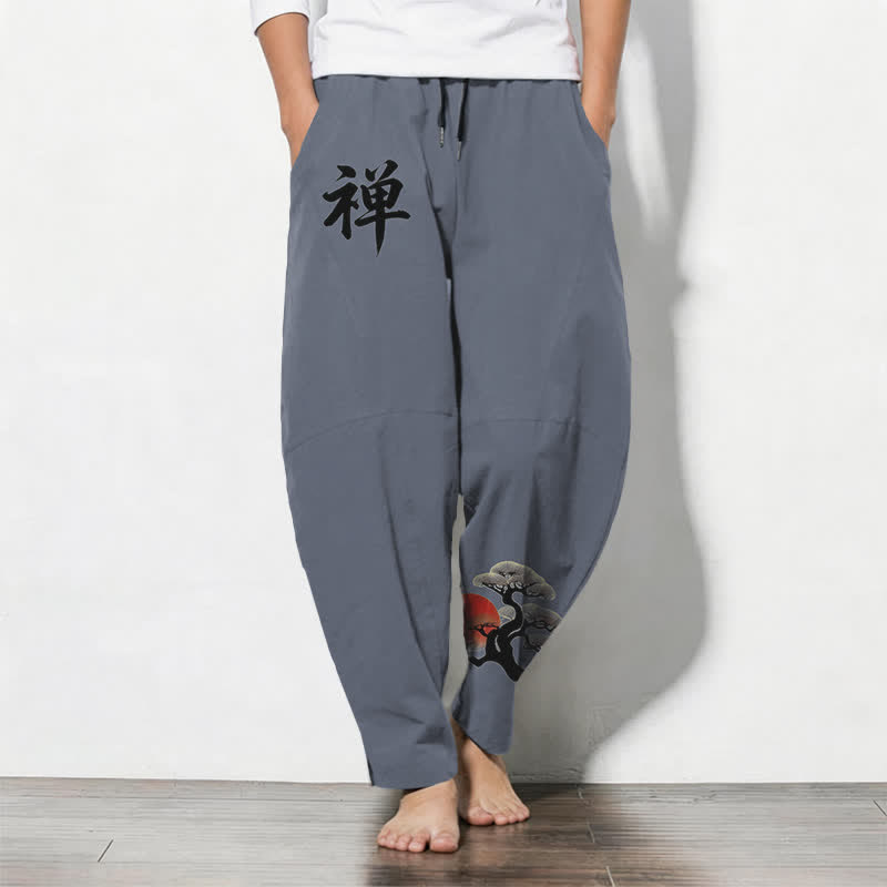 Buddha Stones Pure Cotton Zen Bonsai Sunset Pattern Drawstring Men's Tapered Pants With Pockets - SlateGray - US/UK/AU50，EU60 (5XL) - image 0
